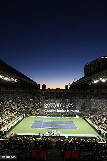 Richard Gasquet of France and Jo-Wilfried Tsonga of France are in action in their match during day four of the Rakuten Open Tennis tournament at...