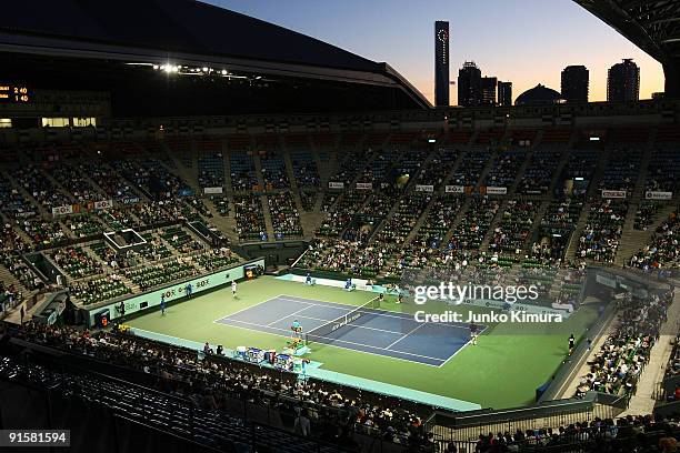 Richard Gasquet of France and Jo-Wilfried Tsonga of France are in action in their match during day four of the Rakuten Open Tennis tournament at...