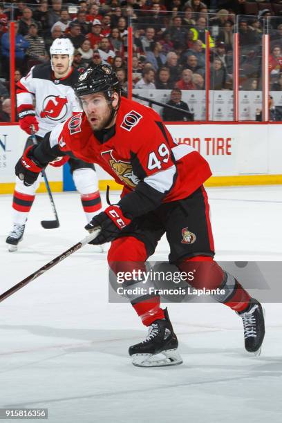 Christopher DiDomenico of the Ottawa Senators skates against the New Jersey Devils at Canadian Tire Centre on February 7, 2018 in Ottawa, Ontario,...