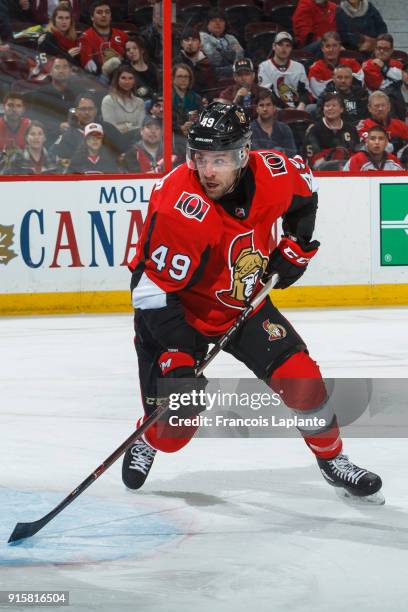 Christopher DiDomenico of the Ottawa Senators skates against the New Jersey Devils at Canadian Tire Centre on February 7, 2018 in Ottawa, Ontario,...