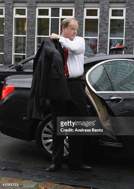 Dirk Niebel , General Secretary of the German Free Democrats , arrives for the second round of coalition negotiations between the FDP and the German...