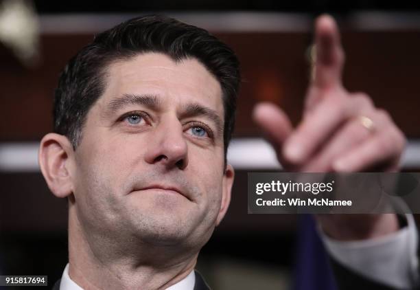 Speaker of the House Paul Ryan answers questions during a press conference at the U.S. Capitol February 8, 2018 in Washington, DC. Both the Senate...