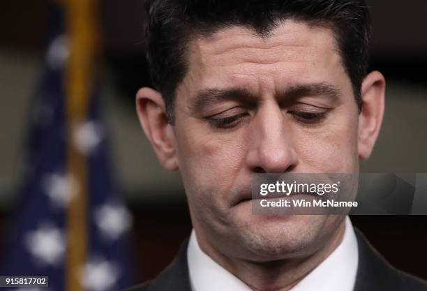 Speaker of the House Paul Ryan answers questions during a press conference at the U.S. Capitol February 8, 2018 in Washington, DC. Both the Senate...