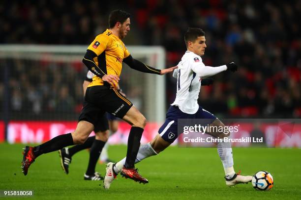 Erik Lamela of Tottenham Hotspur in action with Ben Tozer of Newport County during the Emirates FA Cup Fourth Round Replay between Tottenham Hotspur...