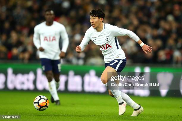 Heung-Min Son of Tottenham Hotspur in action during the Emirates FA Cup Fourth Round Replay between Tottenham Hotspur and Newport County at Wembley...