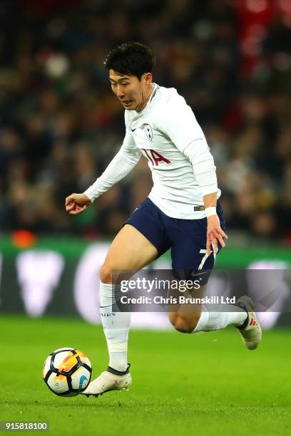 Heung-Min Son of Tottenham Hotspur in action during the Emirates FA Cup Fourth Round Replay between Tottenham Hotspur and Newport County at Wembley...