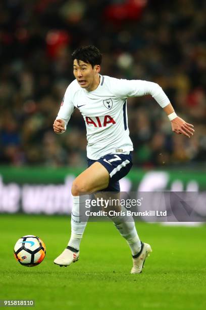 Heung-Min Son of Tottenham Hotspur in action during the Emirates FA Cup Fourth Round Replay between Tottenham Hotspur and Newport County at Wembley...