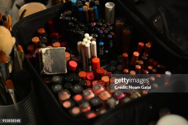 View of makeup backstage for Noon By Noor during New York Fashion Week: The Shows at Gallery II at Spring Studios on February 8, 2018 in New York...