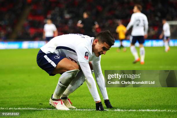 Erik Lamela of Tottenham Hotspur reacts during the Emirates FA Cup Fourth Round Replay between Tottenham Hotspur and Newport County at Wembley...