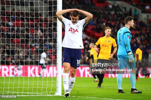Fernando Llorente of Tottenham Hotspur reacts during the Emirates FA Cup Fourth Round Replay between Tottenham Hotspur and Newport County at Wembley...