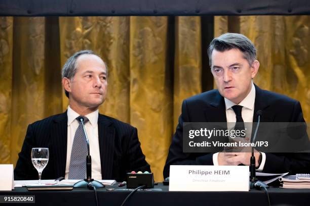 Frederic Oudea, General Manager of Societe Generale and Philippe Heim, financial director of Societe Generale during a press conference on February...