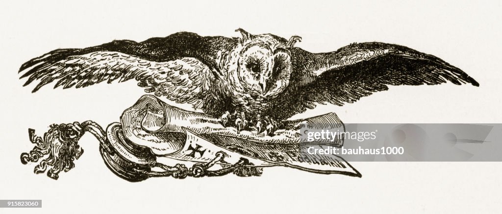 Owl Flying and Carrying a Scroll Engraving, Circa 1892