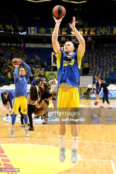 Artsiom Parakhouski, #45 of Maccabi Fox Tel Aviv warming up during the 2017/2018 Turkish Airlines EuroLeague Regular Season Round 22 game between...