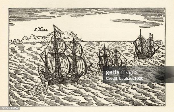 ilustrações, clipart, desenhos animados e ícones de christopher columbus sailing navios gravura, cerca de anos 1400 - continente americano