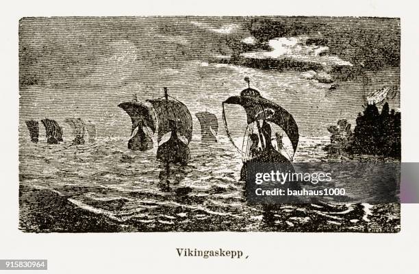 ilustrações de stock, clip art, desenhos animados e ícones de viking ship engraving, circa 1800s - viking ship