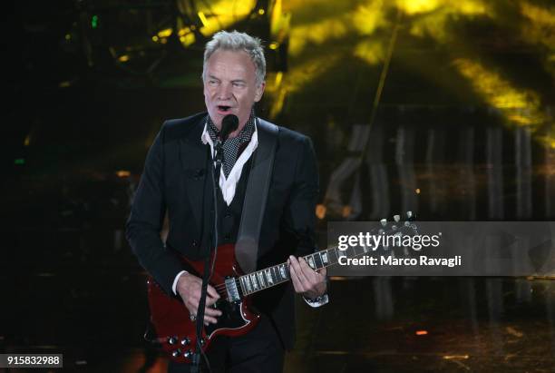 British singer Sting performs on stage during the 68th Sanremo Italian Song Festival at the Ariston theatre in Sanremo, Italy RAVAGLIPHOTOPHOTOGRAPH...