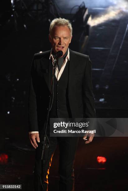 British singer Sting performs on stage during the 68th Sanremo Italian Song Festival at the Ariston theatre in Sanremo, Italy RAVAGLIPHOTOPHOTOGRAPH...