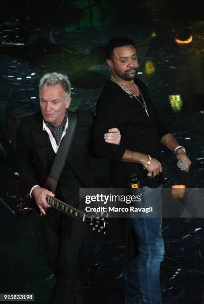 British singer Sting and Jamaican reggae singer Shaggy perform on stage during the 68th Sanremo Italian Song Festival at the Ariston theatre in...