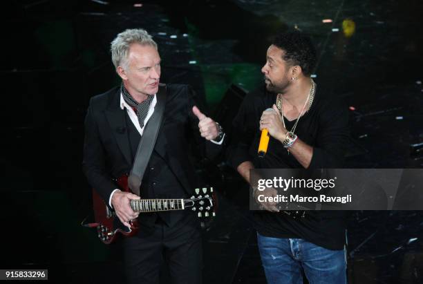 British singer Sting and Jamaican reggae singer Shaggy perform on stage during the 68th Sanremo Italian Song Festival at the Ariston theatre in...