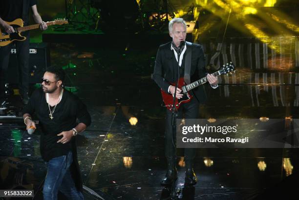 British singer Sting and Jamaican reggae singer Shaggy perform on stage during the 68th Sanremo Italian Song Festival at the Ariston theatre in...