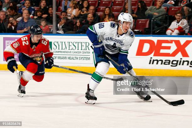 Markus Granlund of the Vancouver Canucks skates with the puck against Denis Malgin of the Florida Panthers at the BB&T Center on February 6, 2018 in...