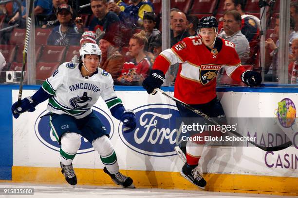 Evgeni Dadonov of the Florida Panthers skates for position against Markus Granlund of the Vancouver Canucks at the BB&T Center on February 6, 2018 in...