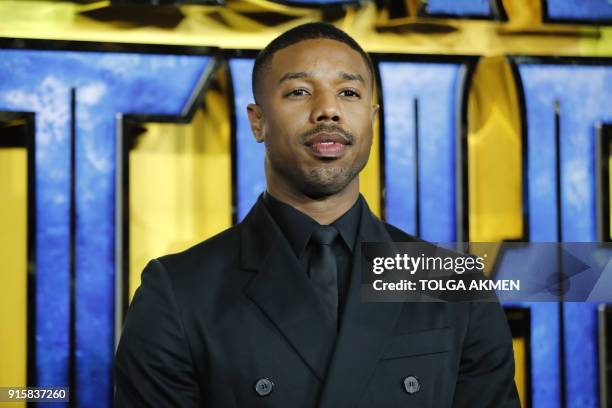 American actor Michael B Jordan poses on arrival for the European Premiere of 'Black Panther' in central London on February 8, 2018. / AFP PHOTO /...