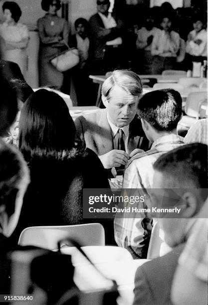 Democratic Presidential Candidate Robert Kennedy visits a Native American school in Albuquerque while campaigning in New Mexico on March 29, 1968.