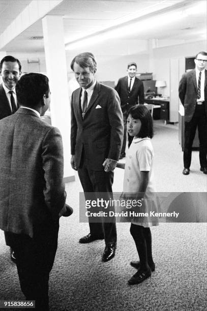 Democratic Presidential Candidate Robert Kennedy visits a Native American school in Albuquerque while campaigning in New Mexico on March 29, 1968.