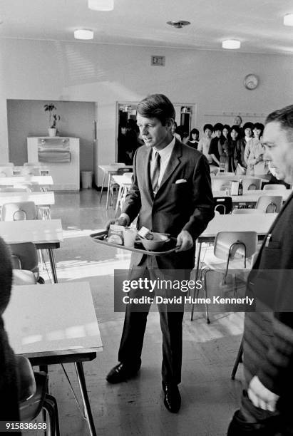 Democratic Presidential Candidate Robert Kennedy visits a Native American school in Albuquerque while campaigning in New Mexico on March 29, 1968.