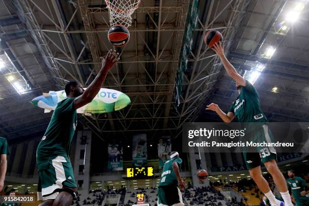 James Gist, #14 and Nick Calathes, #33 of Panathinaikos Superfoods Athens warm up before the 2017/2018 Turkish Airlines EuroLeague Regular Season...