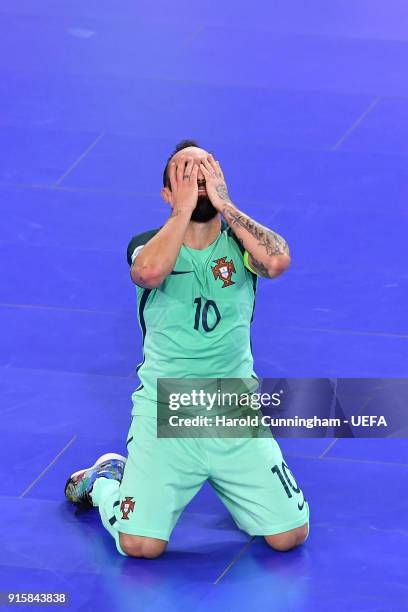 Ricardinho of Portugal celebrates his team qualification for the final after the UEFA Futsal EURO 2018 semi-final match between Russia v Portugal at...