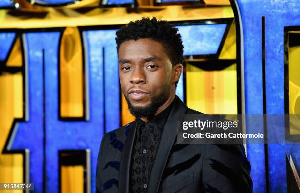 Chadwick Boseman attends the European Premiere of Marvel Studios' "Black Panther" at the Eventim Apollo, Hammersmith on February 8, 2018 in London,...