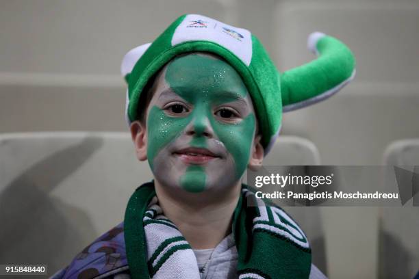 Young fan of Panathinaikos react during the 2017/2018 Turkish Airlines EuroLeague Regular Season Round 22 game between Panathinaikos Superfoods...