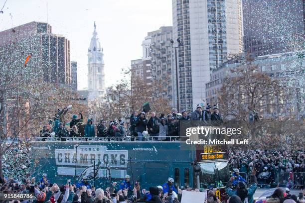 The Philadelphia Eagles drive around the city during the Super Bowl LII parade on February 8, 2018 in Philadelphia, Pennsylvania.