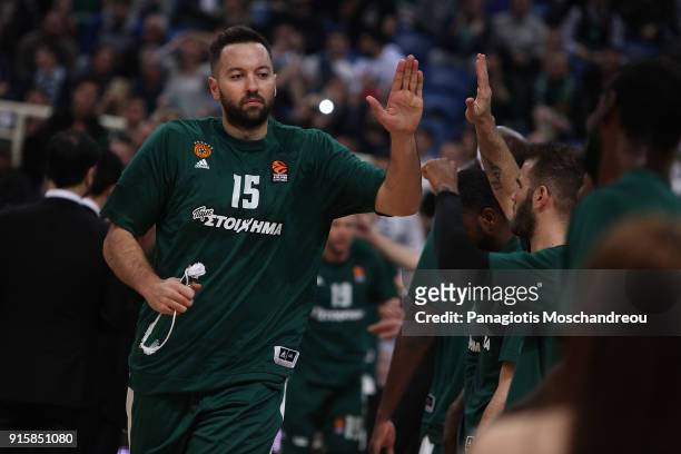 Ian Vougioukas, #15 of Panathinaikos Superfoods Athens enters the court before the 2017/2018 Turkish Airlines EuroLeague Regular Season Round 22 game...