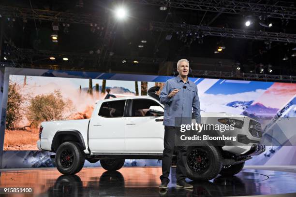 Jack Hollis, group vice president and general manager of Toyota Motor Sales USA Inc., speaks in front of a 2019 Toyota Motor Corp. Tacoma TRD Pro...