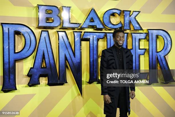 American actor Chadwick Boseman poses on arrival for the European Premiere of 'Black Panther' in central London on February 8, 2018.