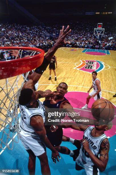 Rodney Rogers of the Denver Nuggets shoots during Game One of the First Round of the 1995 NBA Playoffs played on April 28, 1995 at the Alamo Dome in...