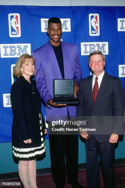 David Robinson of the San Antonio Spurs is presented the IBM award during Game One of the First Round of the 1995 NBA Playoffs played on April 28,...