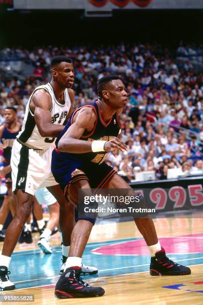 Dikembe Mutombo of the Denver Nuggets posts up during Game One of the First Round of the 1995 NBA Playoffs played on April 28, 1995 at the Alamo Dome...