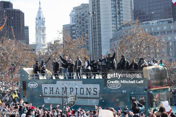 The Philadelphia Eagles drive around the city during the Super Bowl LII parade on February 8, 2018 in Philadelphia, Pennsylvania.