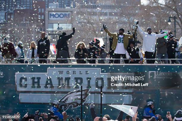 Fletcher Cox, Brandon Graham, and Vinny Curry celebrate during the Super Bowl LII parade on February 8, 2018 in Philadelphia, Pennsylvania.