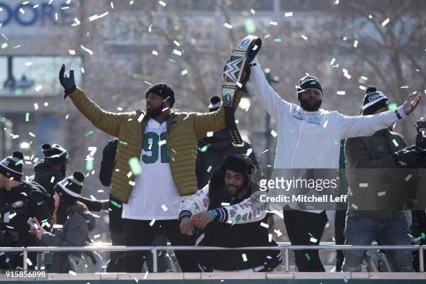 Fletcher Cox, Brandon Graham, and Vinny Curry celebrate during the Super Bowl LII parade on February 8, 2018 in Philadelphia, Pennsylvania.
