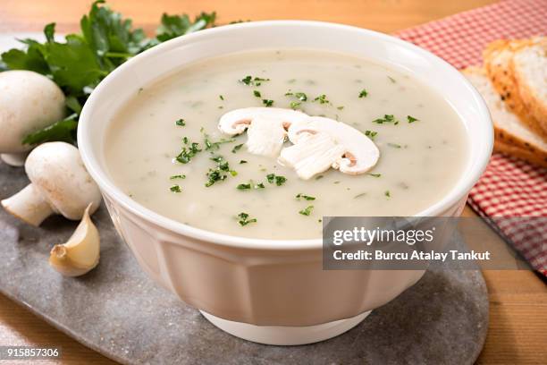 mushroom soup with cream - mushroom soup stock pictures, royalty-free photos & images