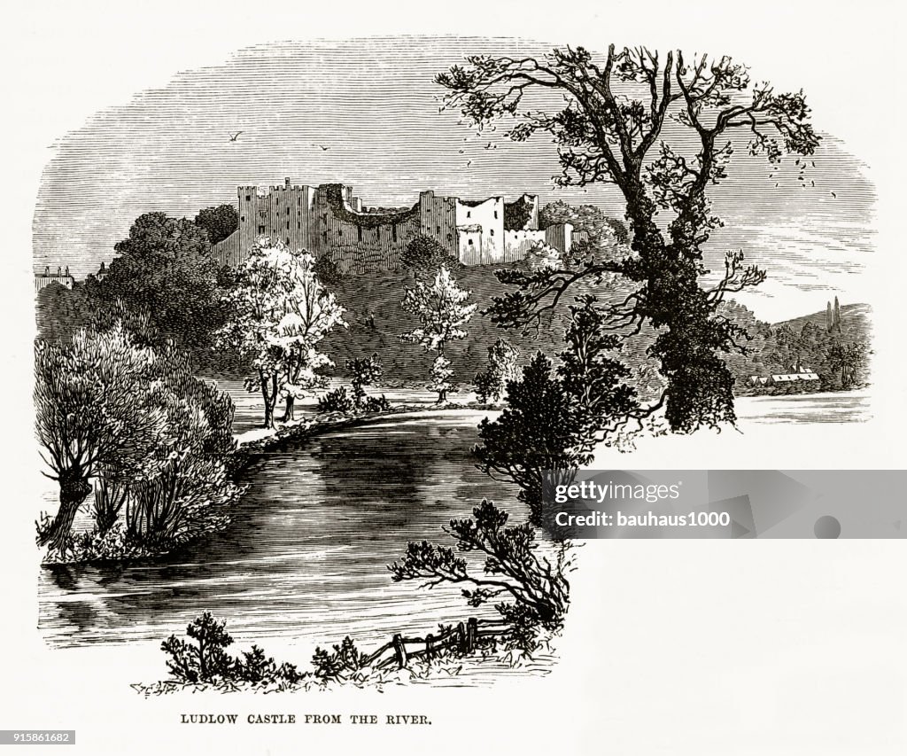 Ludlow, England, Ludlow Castle from the River, Victorian Engraving, Circa 1840