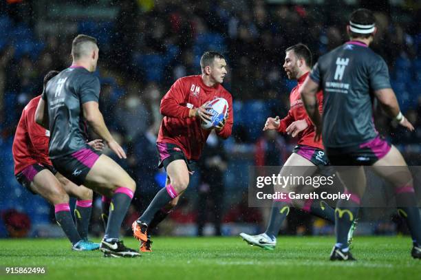 Danny McGuire of Hull KR warms up ahead of the Betfred Super League match between Leeds Rhinos and Hull KR at Elland Road on February 8, 2018 in...