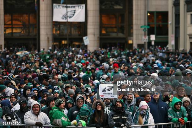 Philadelphia Eagles fans line up in front of City Hall during the team's Super Bowl Victory Parade on February 8, 2018 in Philadelphia, Pennsylvania.