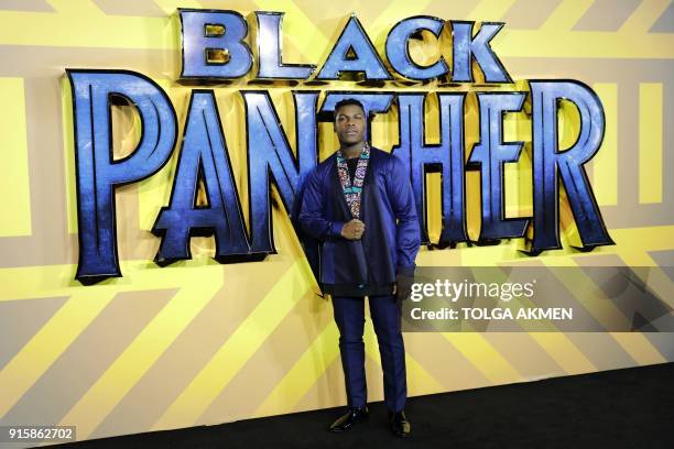 English actor John Boyega poses on arrival for the European Premiere of 'Black Panther' in central London on February 8, 2018. / AFP PHOTO / Tolga...