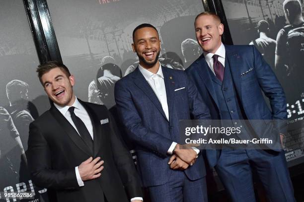 Alek Skarlatos, Anthony Sadler and Spencer Stone attend the premiere of 'The 15:17 to Paris' at Warner Bros. Studios on February 5, 2018 in Burbank,...